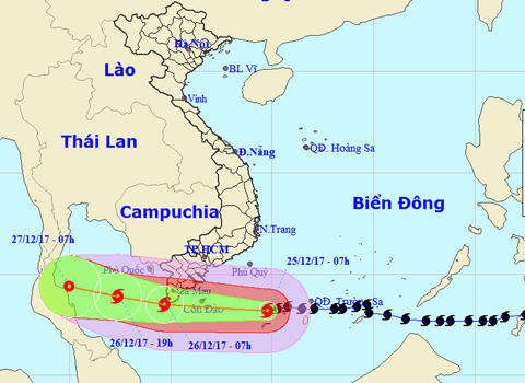 Bão giật cấp 13 tâm hướng Côn Đảo - Mũi Cà Mau, Nam bộ mưa to