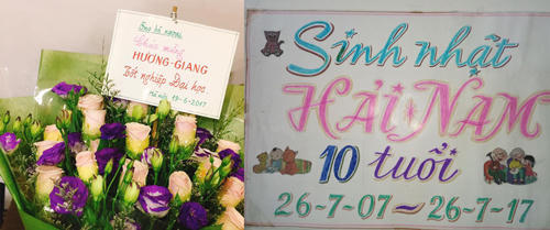 Tự tay ông ngoại viết những dòng chữ trên bó hoa tặng cháu gái, trang trí sinh nhật cho cháu trai.