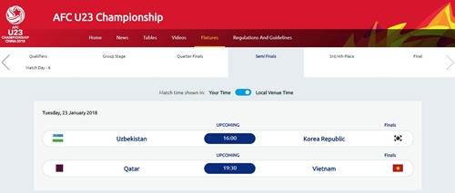 Ảnh chụp lịch thi đấu vòng chung kết U23 châu Á trên trang web của AFC.