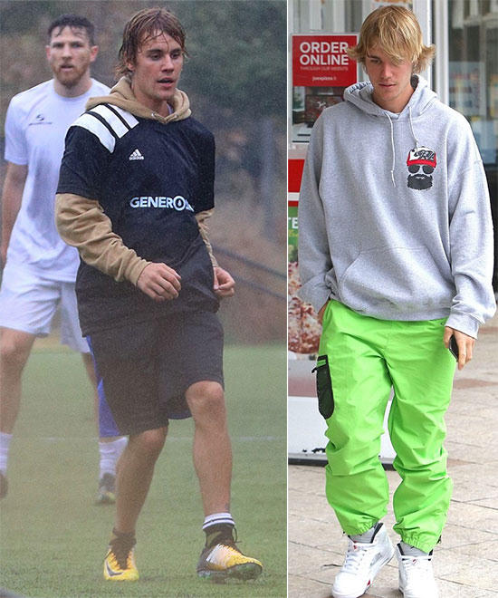 Justin đi đá bóng và mua đồ ăn trên phố hôm chủ nhật.