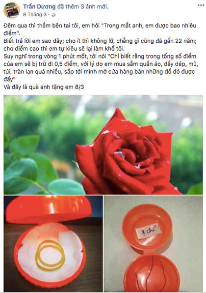 Duyên cho biết thêm, món quà lần này chỉ là một trong số những lần trêu đùa mà bố cô dành cho mẹ. TrênFacebook,ông chồng quản đốc hay đăng các bức ảnh mặc chiếc áo ba lỗ rách và chăm chỉ làm việc nhà, để chọc rằng vợ không quan tâm mình. Nhiều lần, anh Dương vừa đăng lên, liền bị vợ kêu xoá. Tính thanh niên, ông chồng này hay trêu đến mức vợ dỗi, nhưng rồi vẫn áp dụng độ lầy mà lại nhanh chóng chọc được vợ cười.