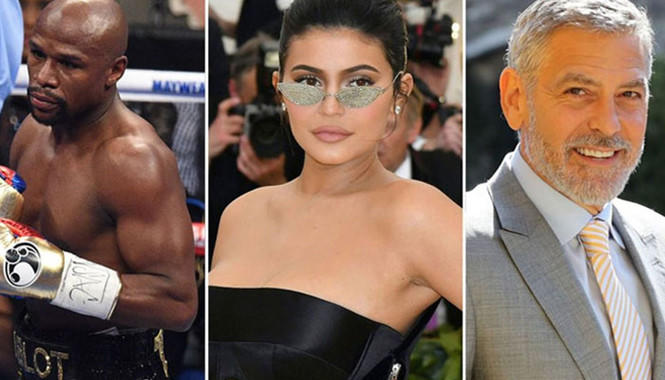 Top 3 người nổi tiếng thu nhập hàng đầu thế giới năm qua: võ sĩ Floyd Mayweather, Kylie Jenner và George Clooney /// Ảnh: TNI