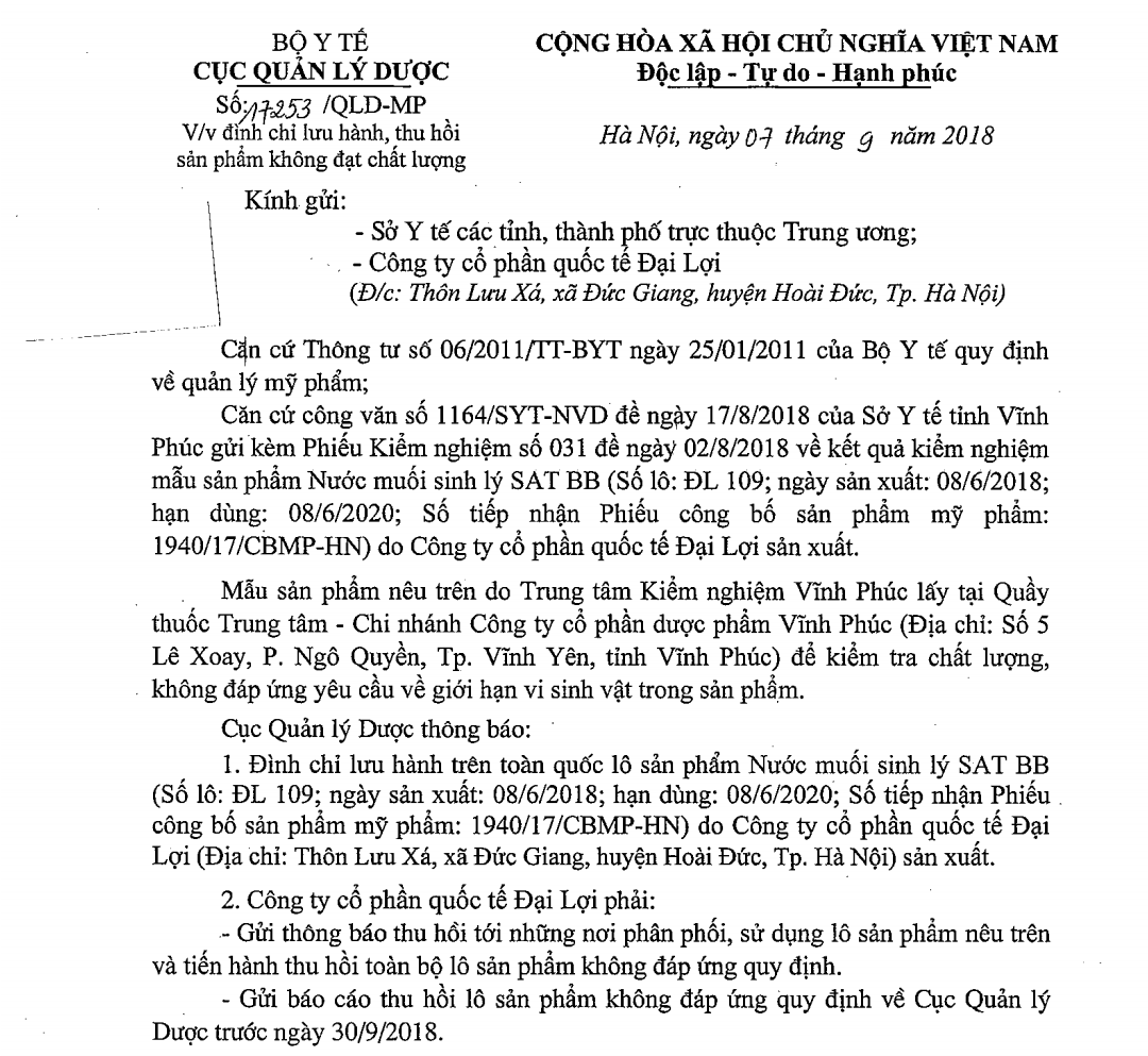 Đình chỉ lưu hành lô nước muối sinh lý SAT BB