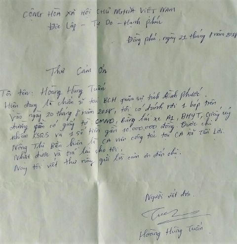 Anh bộ đội gửi thư cảm ơn chị công an 