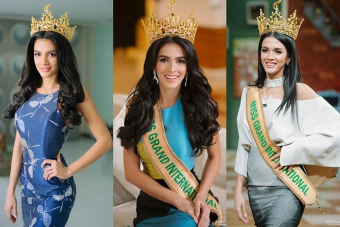 Vương miện Hoa hậu Hòa bình Quốc tế làm hoàn toàn bằng vàng 18K, trị giá 300.000 USD (khoảng hơn 7 tỷ đồng). Đương kim Hoa hậu được sử dụng trong hầu hết các hoạt động sau đăng quang. Trong ảnh là Hoa hậu Hòa bình Quốc tế 2018 - Clara Rosa luôn có vương miện bên cạnh từ dự sự kiện đến giao lưutruyền thông.