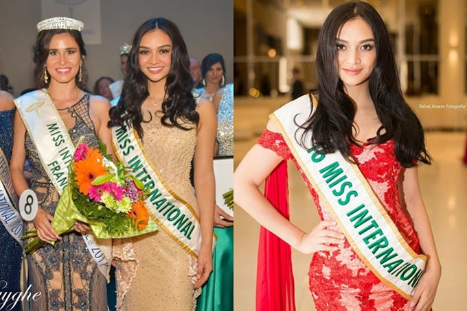 Miss International 2016 - Kylie Verzosa cũng hiếm khi được đội vương miện dù cô sang Pháp (trái) và Paraguay (phải) trao giải cho Hoa hậu nước bạn.