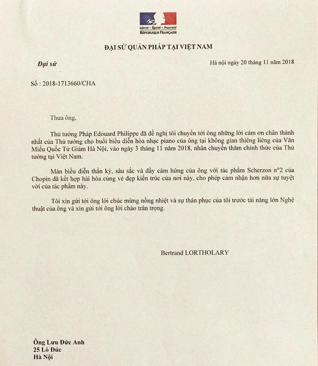 Lời cảm ơn và thư chúc mừng từ Thủ tướng Pháp Edouard Philippe nhờ Đại sứ quán Pháp tại Việt Nam gửi tới nghệ sĩ Lưu Đức Anh.