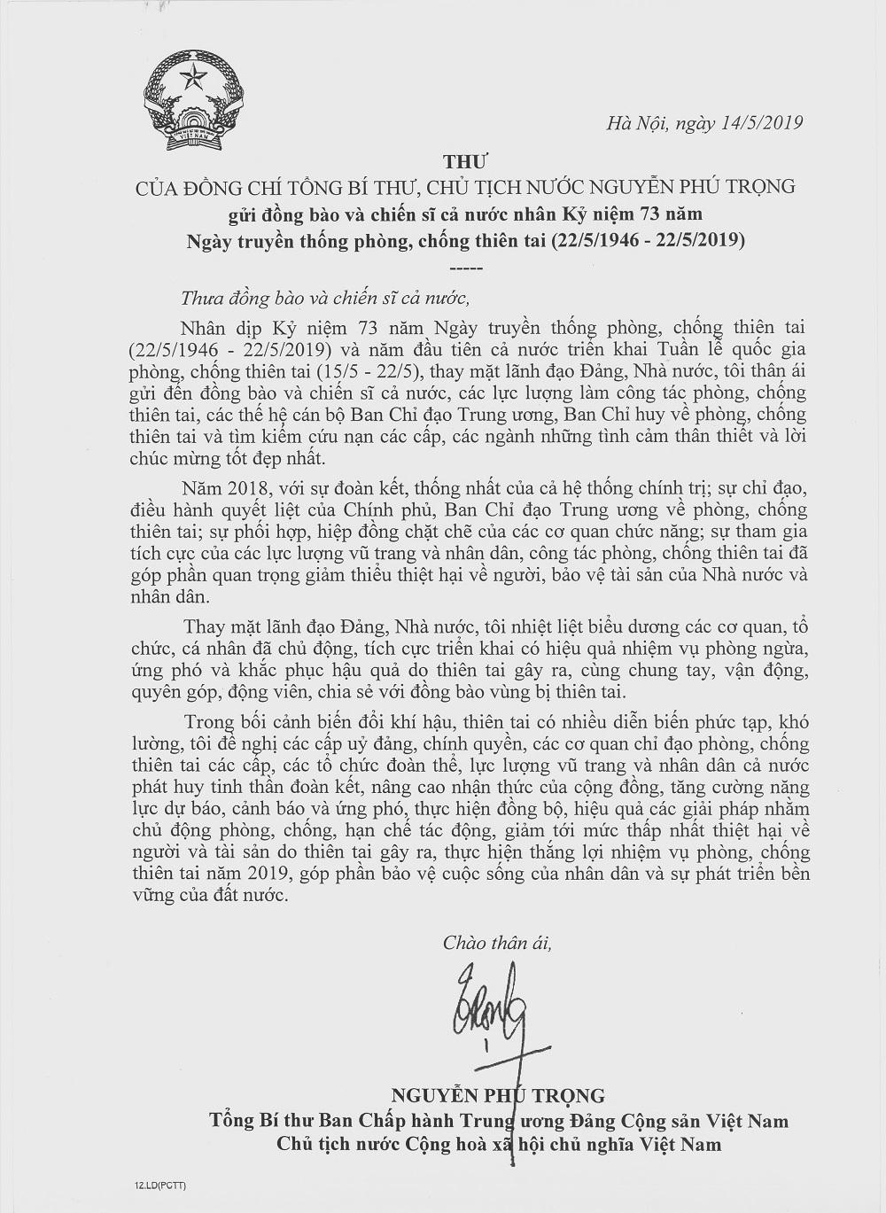 Tổng Bí thư, Chủ tịch nước kêu gọi cả nước đoàn kết phòng, chống thiên tai