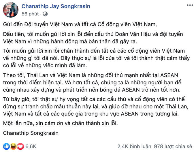 Chanathip đăng đàn gửi lời xin lỗi bằng tiếng Việt trên trang cá nhân. Ảnh: FB.