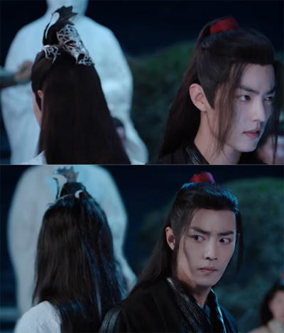 Phục sức trên đầu Lam Vọng Cơ (trái, Vương Nhất Bác đóng) biến mất ở một cảnh quay, tóc nhân vật cũng xoăn hơn.