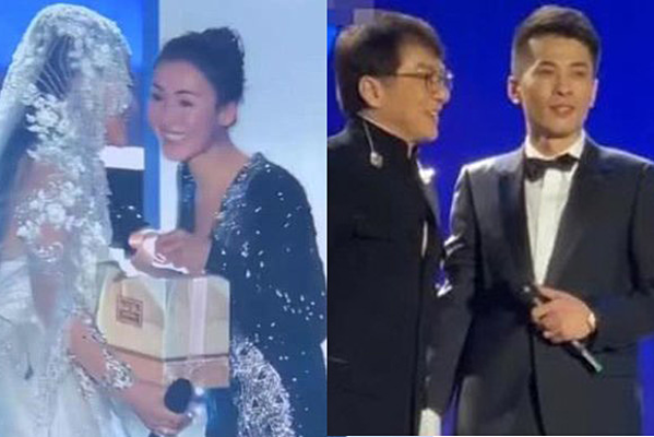 Trương Bá Chi và Thành Long tặng quà cho cô dâu và chú rể.