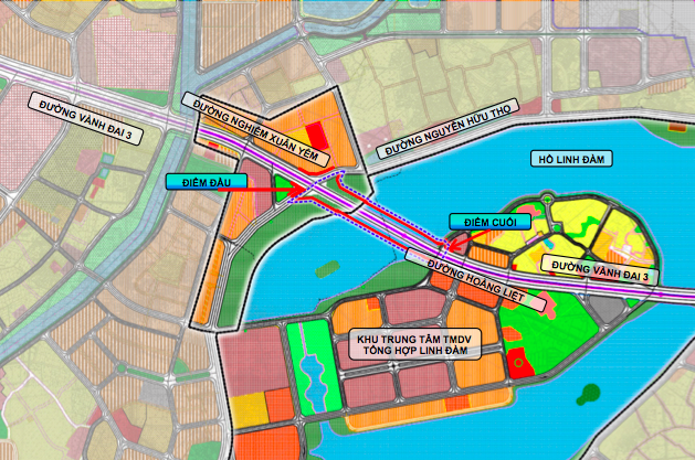 Phạm vi nghiên cứu dự án hai cầu đi thấp qua hồ Linh Đàm. Ảnh ban quản lý dự án cung cấp.