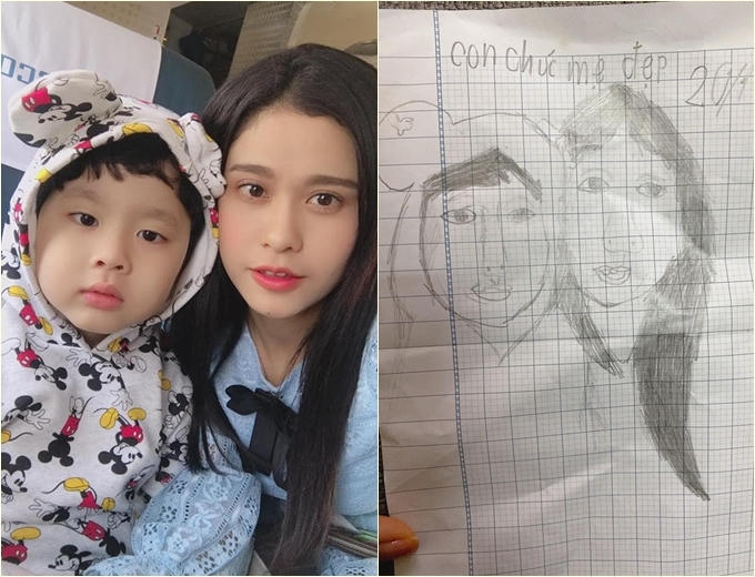 Ca sĩ Trương Quỳnh Anh được con trai tặng tranh tự vẽ.