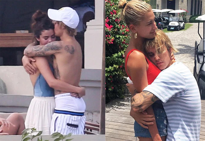 Justin ôm Selena trong đám cưới của bố anh vào tháng 2/2018 (trái). Tháng 7 năm đó, anh cầu hôn Hailey Baldwin tại Bahamas (phải).