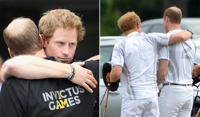 Ảnh trái: Hoàng tử Harry ôm tạm biệt anh trai sau khi cả hai cùng vừa xem xong thi đấu điền kinh tại Invictus Games tại London năm 2014. Ảnh phải: Harry khoác vai anh trai khi chơi polo ở Windsor năm 2015.