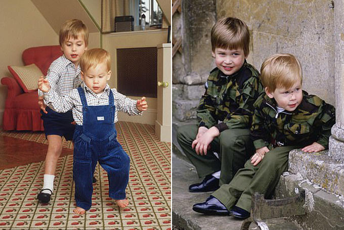 Ảnh trái: William cẩn thận đi đằng sau để đỡ cho em trai Harry đang tập những bwocs đầu tiên tại phòng chơi ở Điện Kensington năm 1985. Ảnh phải: Harry và Meghan mặc đồ quân nhân nhí chơi đánh trận giả tại Highgrove năm 1986.