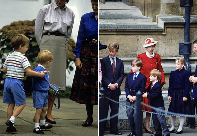 Ảnh trái: William một lần nữa đỡ Harry khi em trai lần đầu đến nhà trẻ năm 1987. Ảnh phải: cặp anh em hoàng gia mặc vest, đeo cà vạt để dự lễ Phục sinh tại Nhà nguyện St. George, lâu đài Windsor năm 1997.