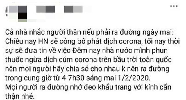 Bộ Y tế bác bỏ hoang tin “Phun thuốc ngừa corona trên bầu trời toàn quốc vào đêm nay” - 1