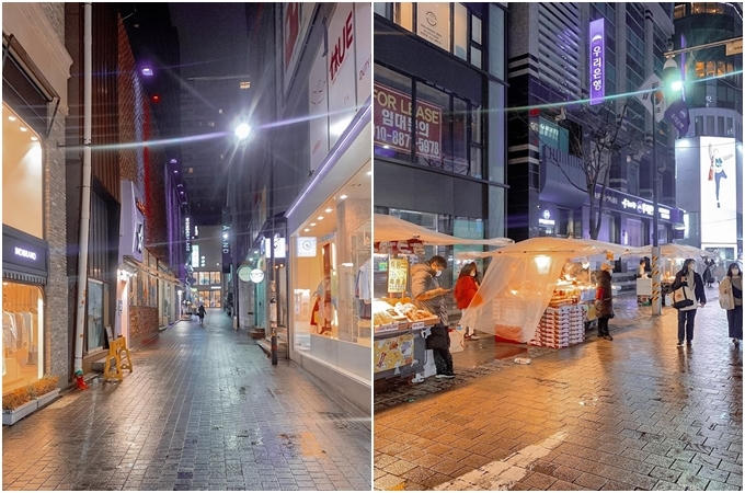 Mọi khi, Myeongdong buổi tối đông nghịt du khách, bất kể ngày thường hay ngày lễ, thời tiết nóng hay lạnh, trời mưa hay ráo. Nhưng cách đây vài hôm, hàng quán ế ẩm, không còn cảnh chen nhau xếp hàng chờ mua đồ ăn vặt trên đường nữa. BB Trần kể, mọi thứ vẫn ổn nhưng mọi người tránh tiếp xúc với nhau. Bản thân anh cũng đeo khẩu trang và rửa tay thường xuyên, chỉ gỡ khẩu trang khi chụp hình và ăn.