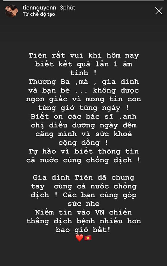 Tiên Nguyễn xác nhận xét nghiệm âm tính lần 1 với Covid-19