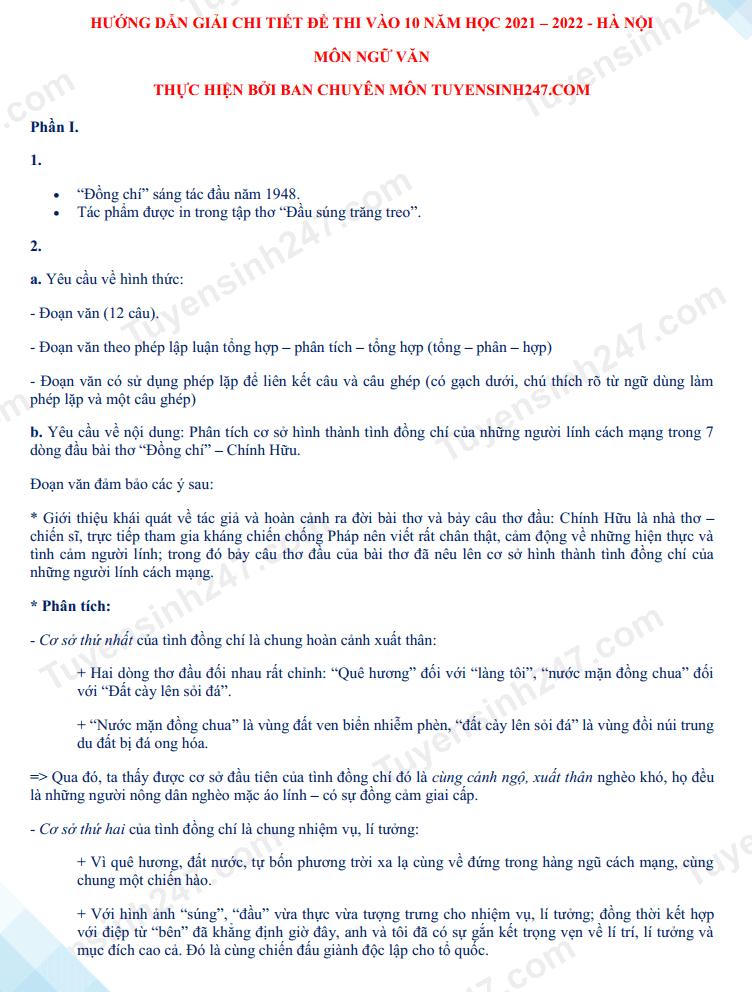 Thi vào lớp 10 tại Hà Nội: Gợi ý đáp án đề thi môn Ngữ văn