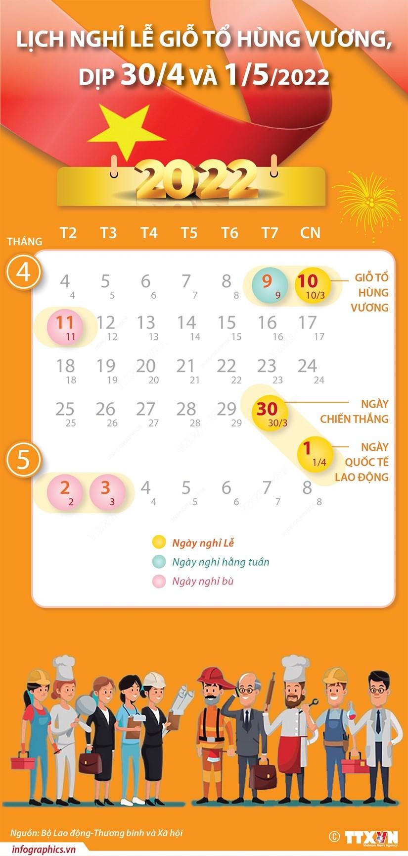 Lịch nghỉ lễ Giỗ Tổ Hùng Vương, dịp 30/4 và 1/5 