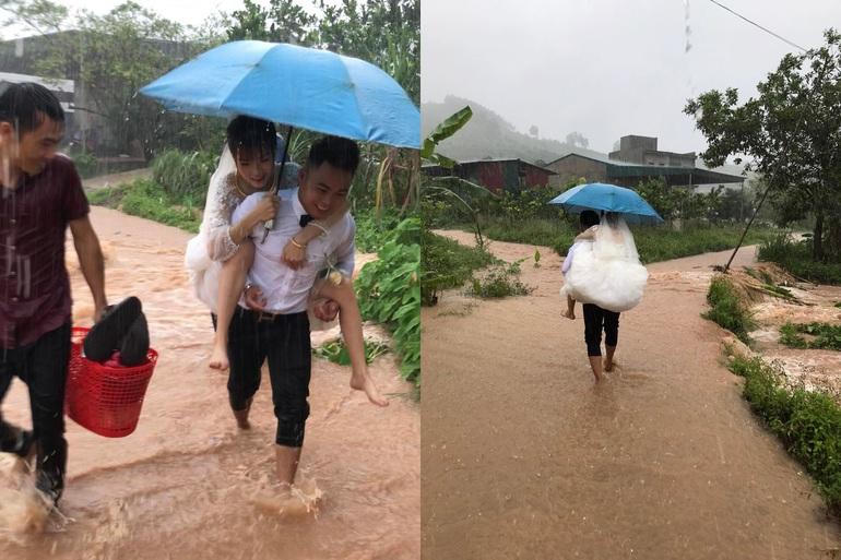 Đám cưới ngày mưa lũ, chú rể Bắc Giang lội nước, cõng cô dâu 'về dinh'