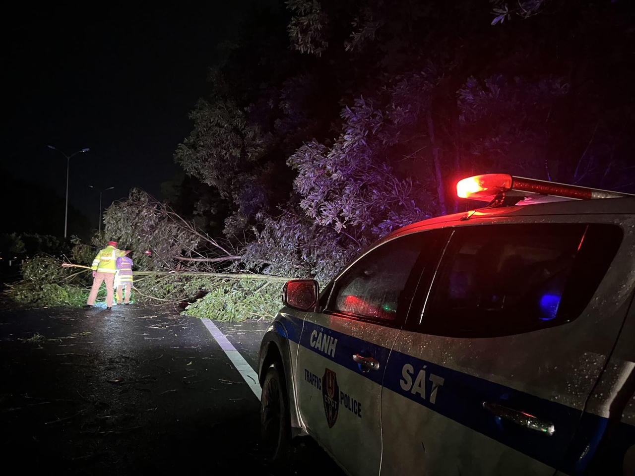 Cảnh sát 'đội mưa' dọn nhiều cây xanh gãy đổ trong đêm trên cao tốc Hà Nội đi Ninh Bình 