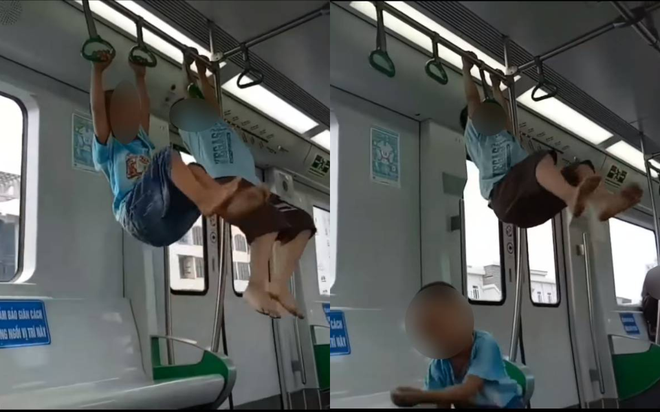 2 bé trai đánh đu trên tàu Cát Linh - Hà Đông, thái độ người lớn đi cùng gây bức xúc