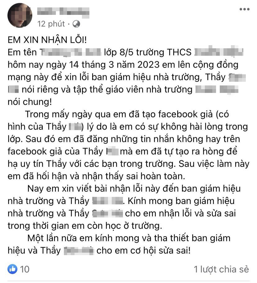 Nữ sinh lớp 8 tạo tài khoản Facebook ảo vu khống thầy giáo 'gạ tình'?