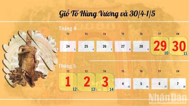 Lịch nghỉ Lễ Giỗ tổ Hùng Vương, 30/4, 1/5 và Quốc khánh năm nay