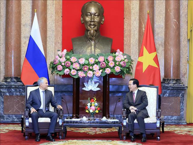 Chủ tịch nước Võ Văn Thưởng tiếp Chủ tịch Duma Quốc gia Quốc hội Liên bang Nga