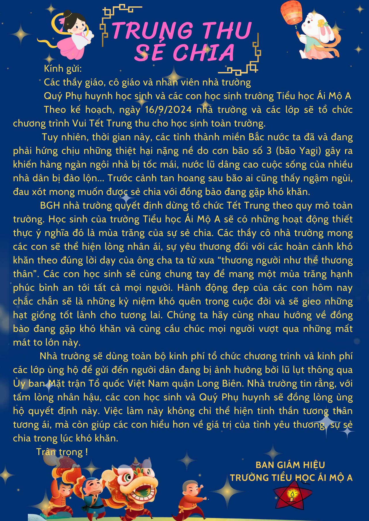 Loạt trường ở Hà Nội dừng tổ chức Trung thu để 'tiếp sức' đồng bào vùng bão lũ