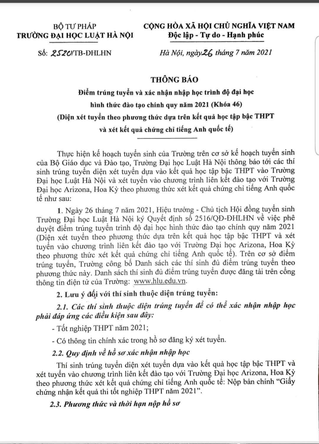 Trường Đại học Luật Hà Nội phê duyệt điểm trúng tuyển đại học hình thức đào tạo chính quy năm 2021, diện xét tuyển
