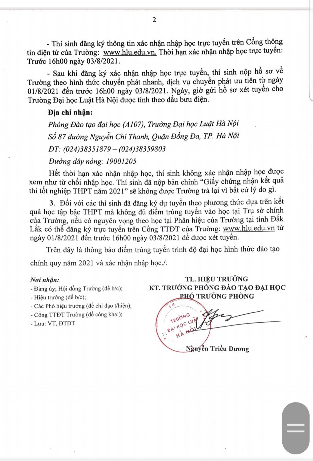 Trường Đại học Luật Hà Nội phê duyệt điểm trúng tuyển đại học hình thức đào tạo chính quy năm 2021, diện xét tuyển