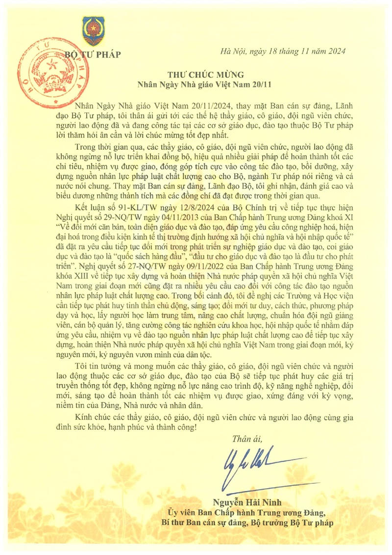 Bộ trưởng Bộ Tư pháp gửi thư chúc mừng nhân Ngày Nhà giáo Việt Nam 20/11