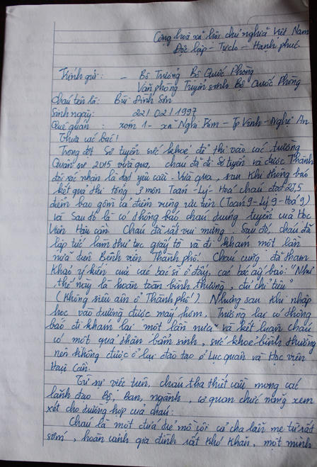 Nam sinh thiếu quả thận bẩm sinh gửi tâm thư tới Bộ trưởng Quốc phòng