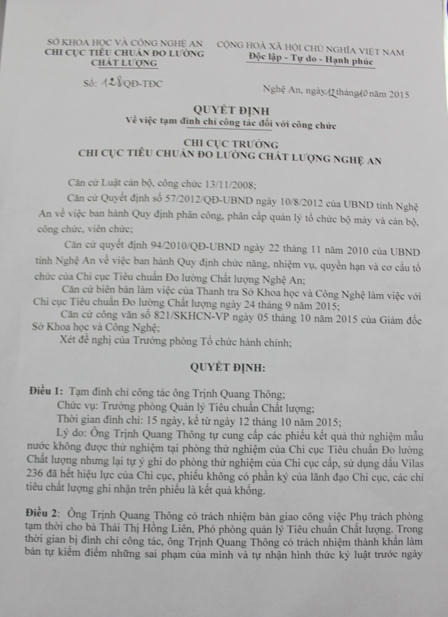 Tạm đình chỉ 30 ngày đối với Trưởng phòng cấp kiểm nghiệm giả