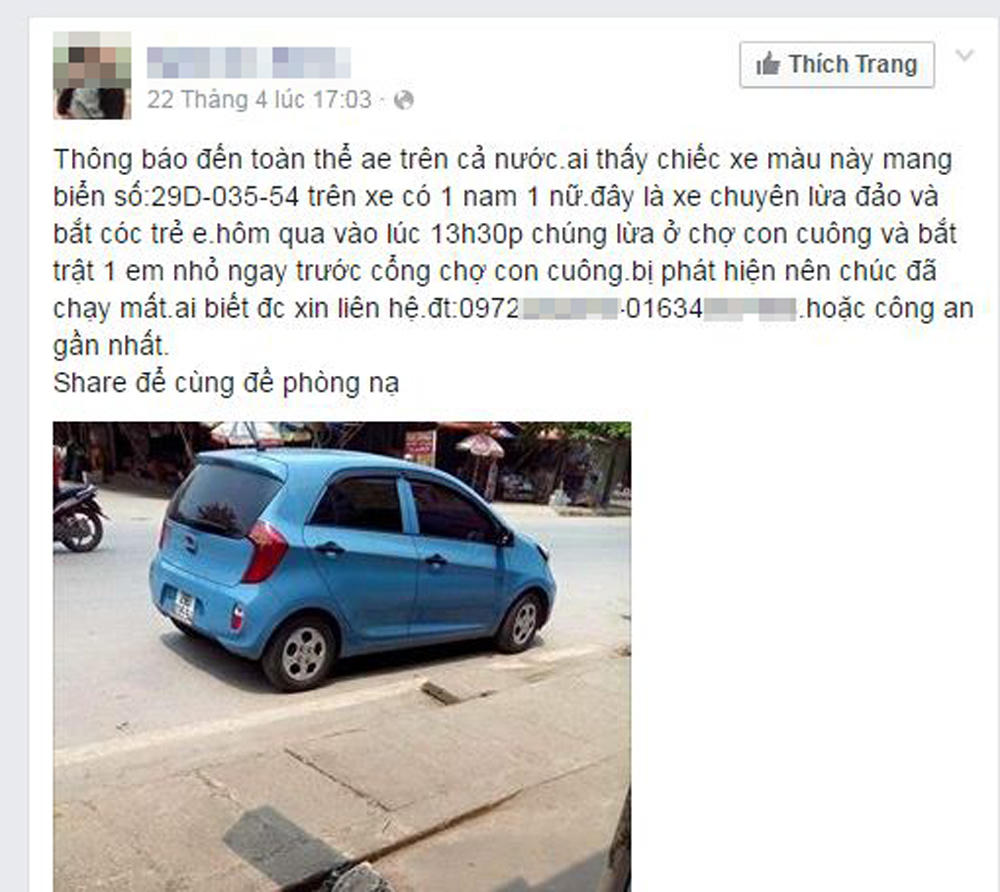 Loan tin "ô tô bắt cóc trẻ em" làm hàng nghìn người hoang mang