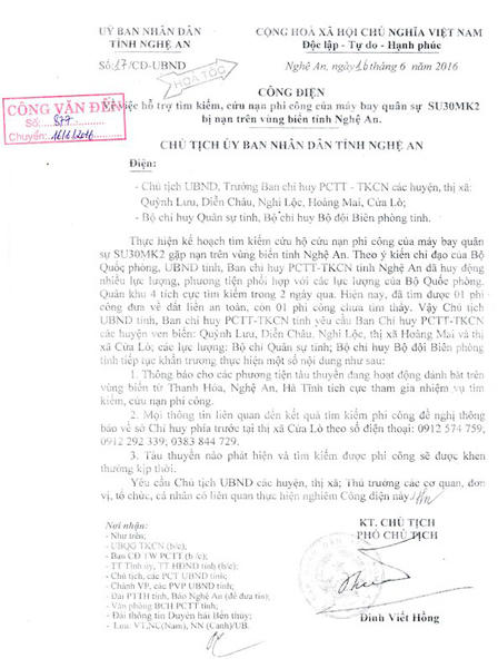 Nghệ An ra Công điện khẩn yêu cầu các đơn vị phối hợp tìm kiếm phi công thứ hai 