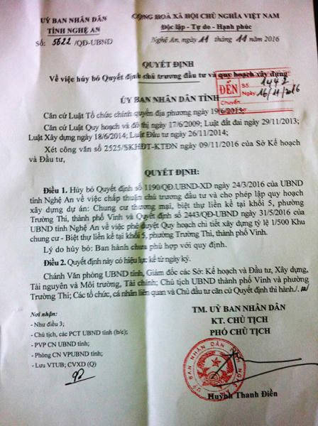 Tỉnh Nghệ An hủy chủ trương đầu tư dự án trước khi sập cần cẩu