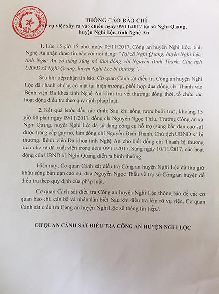 Công an huyện Nghi Lộc thông tin chính thức vụ trưởng công an xã bắn chủ tịch