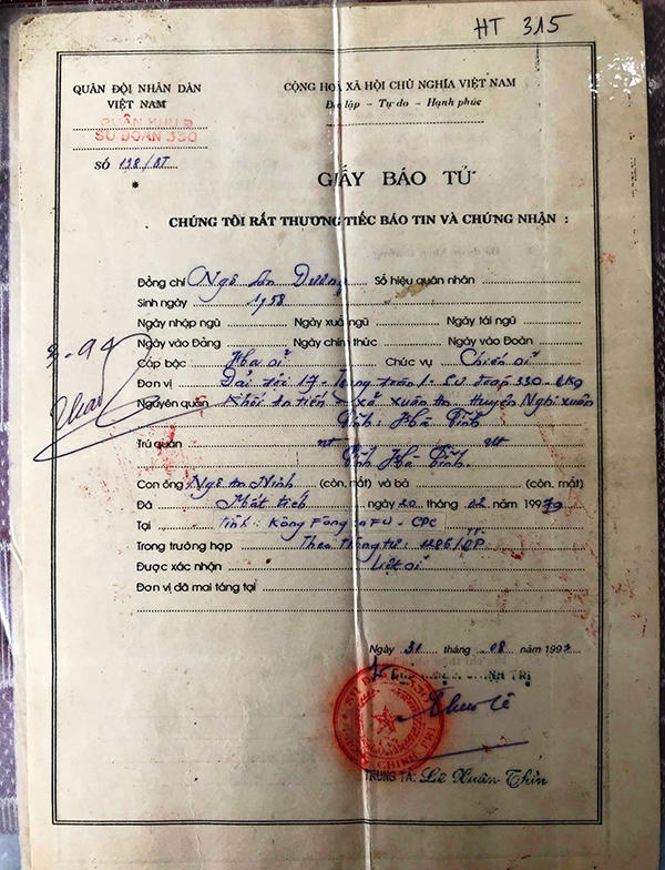 Liệt sỹ trở về sau 26 năm nhận giấy báo tử tại Campuchia