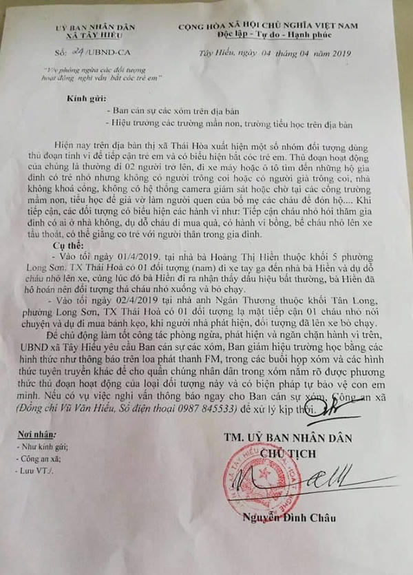 Nghệ An: Xã phát công văn ngăn ngừa các đối tượng nghi vấn bắt cóc trẻ em