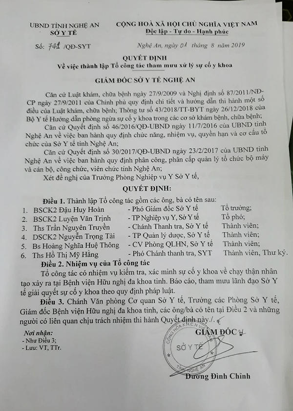 Thành lập tổ công tác xử lý sự cố y khoa khiến 6 bệnh nhân chạy thận nghi bị sốc