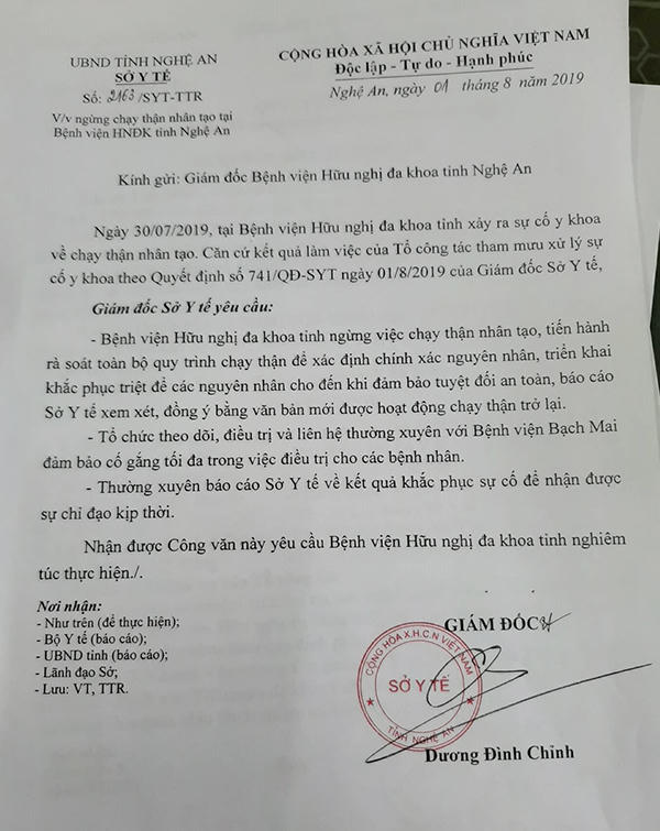 Thành lập tổ công tác xử lý sự cố y khoa khiến 6 bệnh nhân chạy thận nghi bị sốc