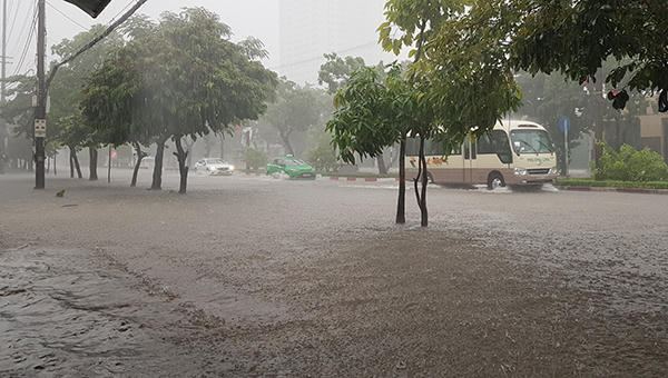 Mưa lớn nhiều giờ biến nhiều đường TP Vinh thành 'sông'