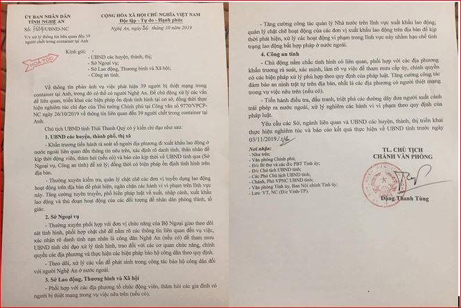 Chủ tịch tỉnh Nghệ An chỉ đạo 'hỏa tốc' xử lý thông tin liên quan vụ 39 người chết ở Anh