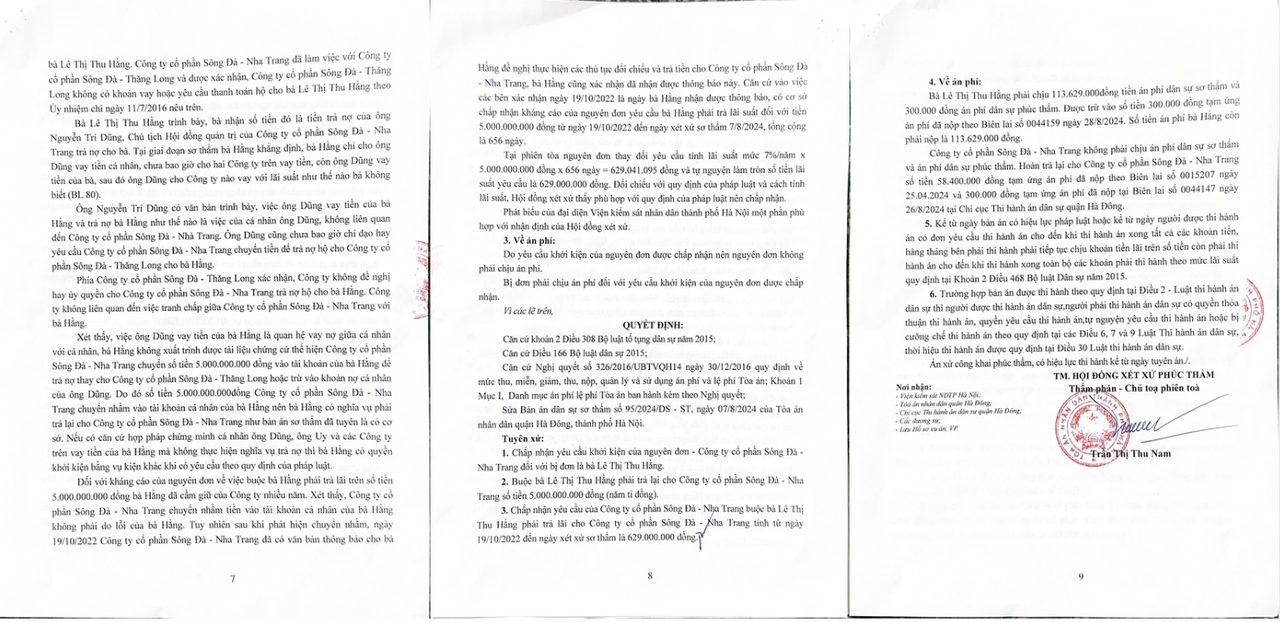Công ty Sông Đà Nha Trang thắng kiện, bà Lê Thị Thu Hằng phải hoàn trả hơn 5,6 tỷ đồng