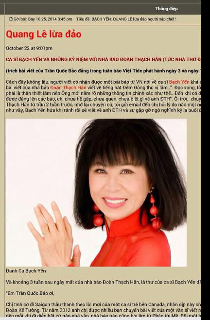 Danh ca Bạch Yến tố Quang Lê lừa đảo trên báo Mỹ